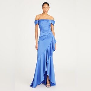 Theia Off the Shoulder Ruffled Satin Gown in Blue - NEVER WORN